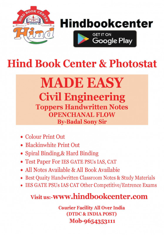 Open Channal Flow Civil Engineering Handwritten Notes  (By-Badal Sony Sir Made Easy ) Hind Book Center
